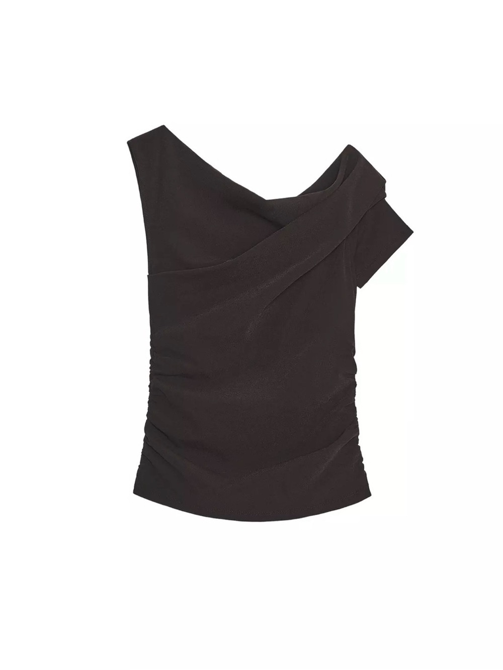 Zara Asymmetric Ruched Off-Shoulder Draped top in Dark Brown